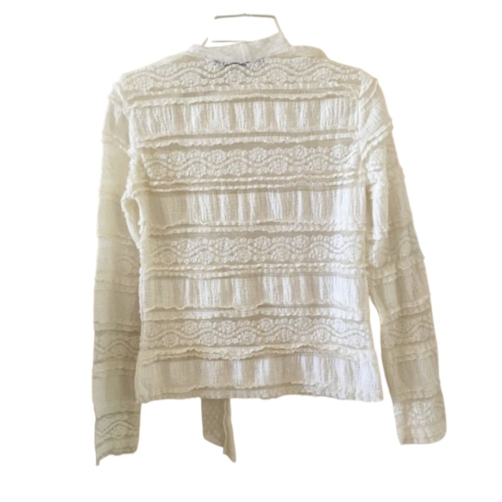 ZARA TRAFALUC Ivory Lace Blouse Top TIES AT NECK Crinkle Floral Sheer Coquette M - Picture 3 of 5
